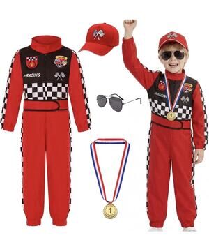 Race Car Driver Costume for Boys Racer Jumpsuit with Car Cap for Halloween Small